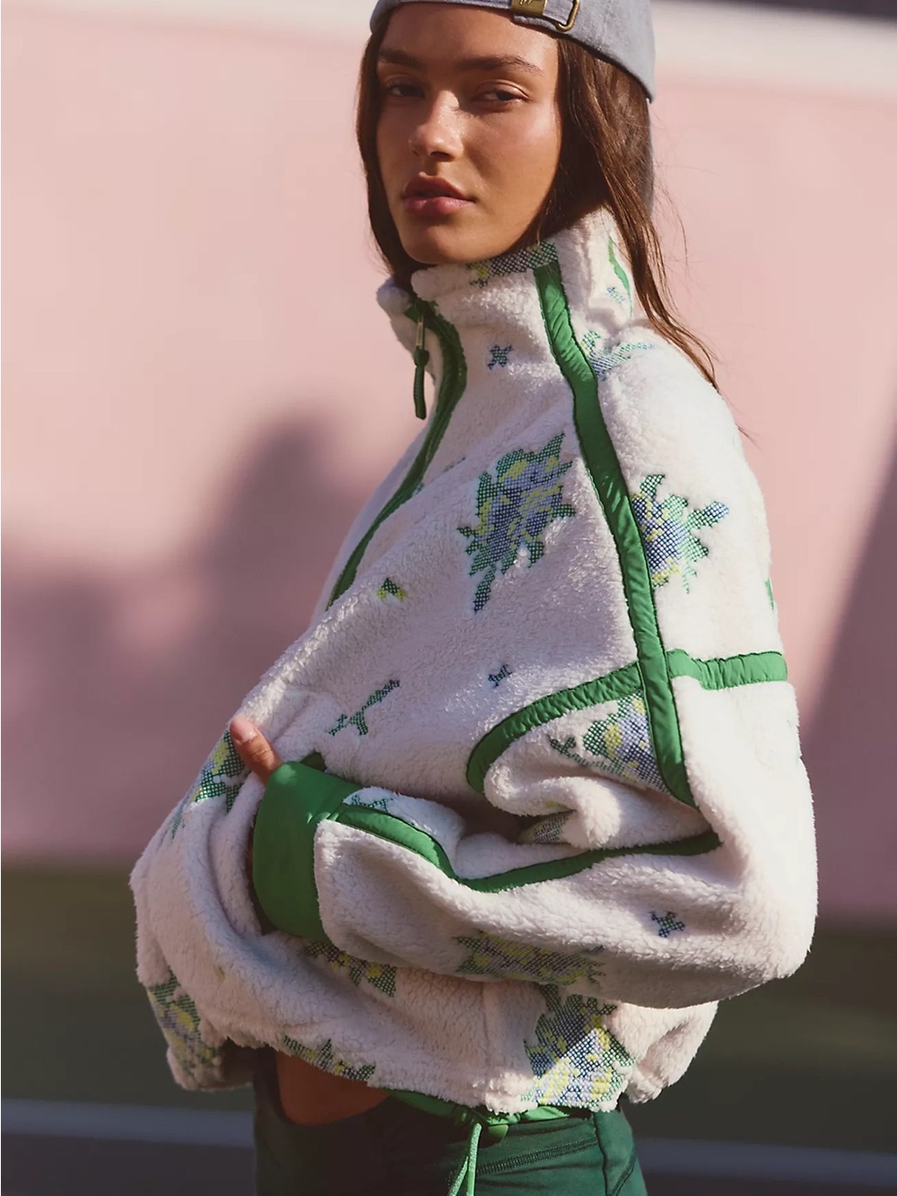 Free People Mountain High Green Floral Embroidered Half Zip Fleece Sherpa S - Picture 2 of 8